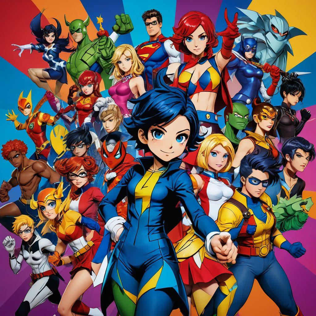 A vibrant collage showcasing a blend of cartoon characters and detailed cosplay outfits, filled with diverse expressions and engaging poses. Include elements that represent adult media, such as stylized comic book imagery and various cosplay accessories, set against a colorful backdrop of swirling patterns and textures. The characters should be depicted in a playful yet sophisticated style, capturing the essence of creativity in adult fandom. modern art style. vibrant colors. dynamic composition.