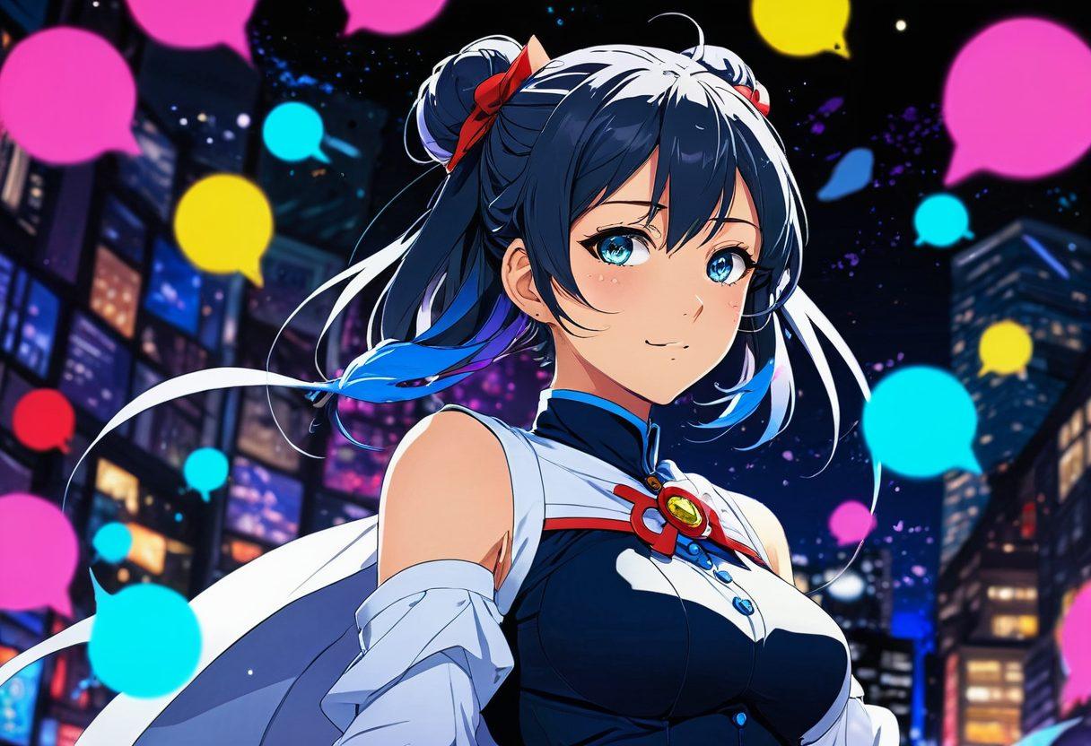 A beautifully illustrated scene featuring a seductive anime character in an elegant pose, surrounded by graphic novel elements such as speech bubbles and vibrant, dynamic backgrounds. The character should exude confidence, displaying a blend of charm and mystery, with an emphasis on artistic expression through vivid colors and creative designs. Include soft lighting to enhance the allure and depth of the scene. anime style. vibrant colors. dynamic composition.